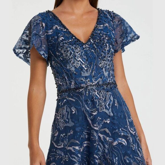 $798 Mac Duggal Size 20 Dark Navy Blue Silver Full Length A-Line Gown Maxi Dress - Picture 3 of 4